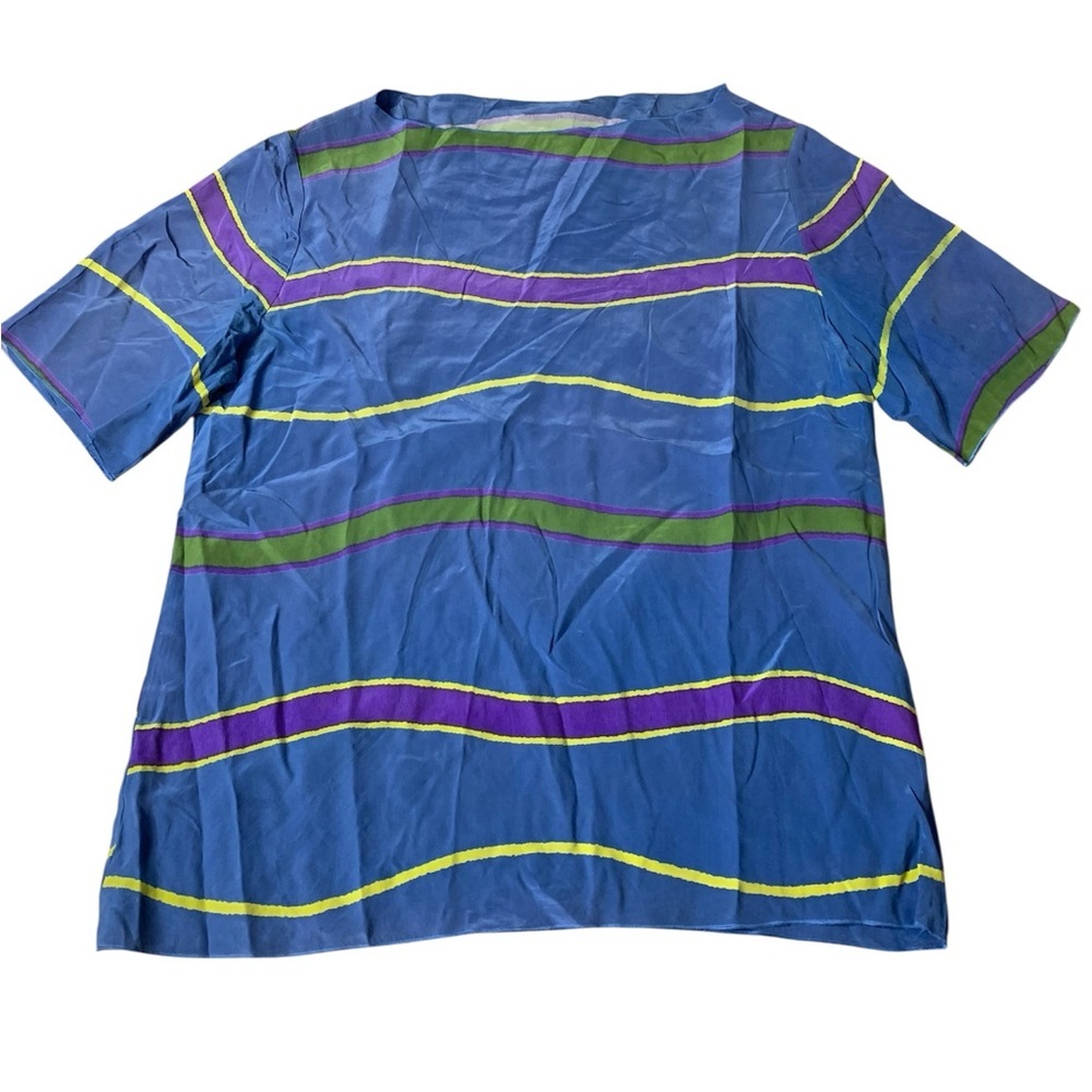 VINTAGE Oleg Cassini 100% Silk Wavy Stripe Blouse - Blue Purple Green - Med/Lg